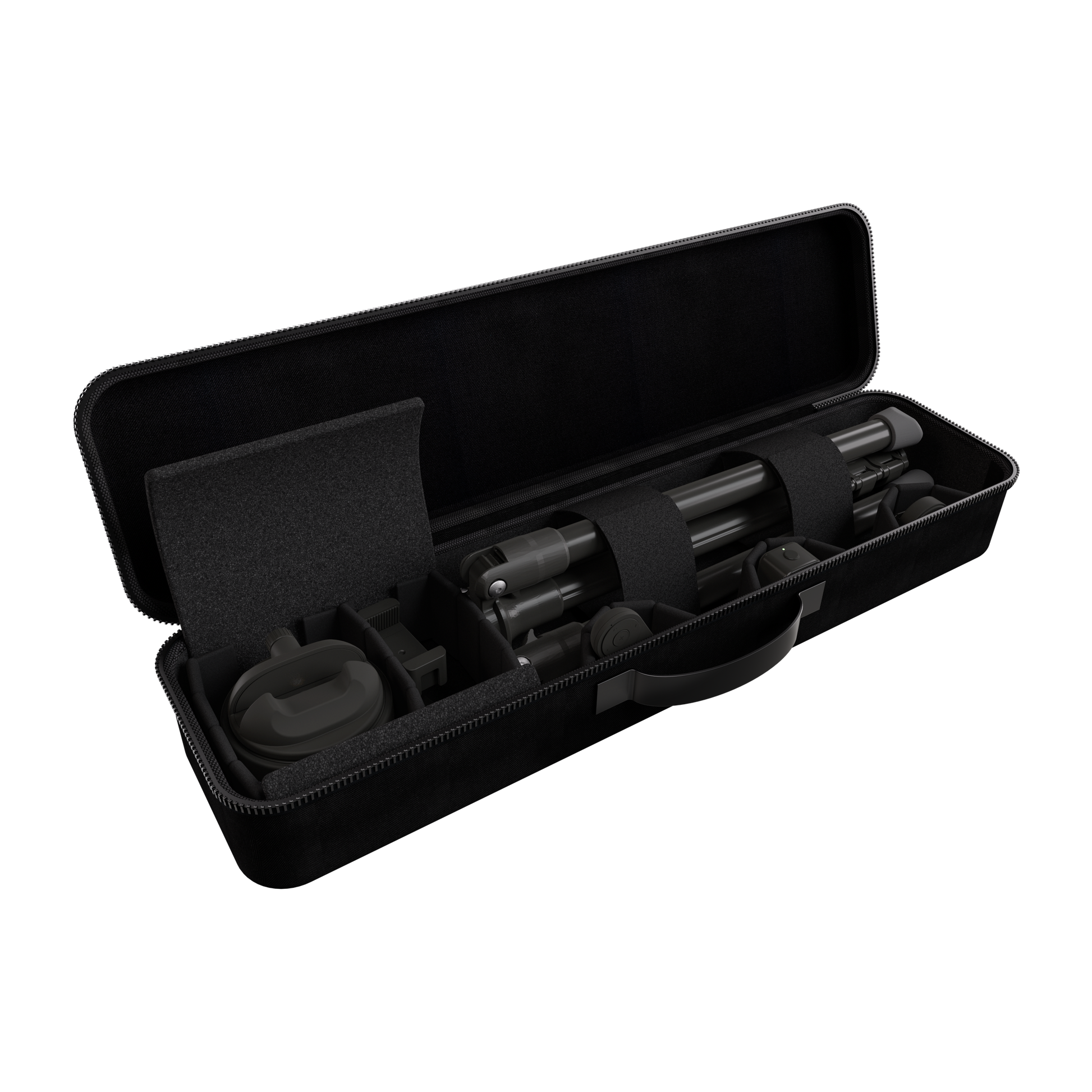 Travel Case Classic open, showcasing secure compartments for Pivo Pods, remotes, and accessories; durable hard-shell design.