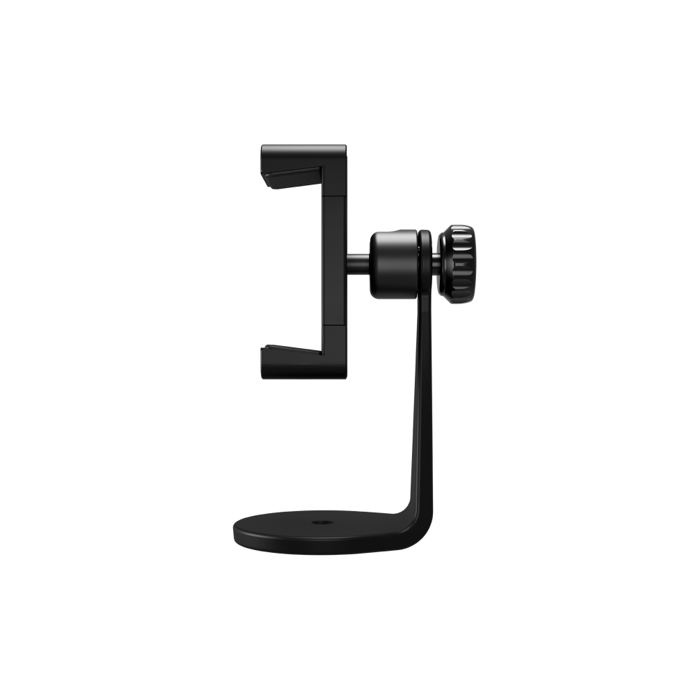 Adjustable smartphone mount with 25° forward and 90° backward tilt, compatible with Pivo Pods and most tripods.