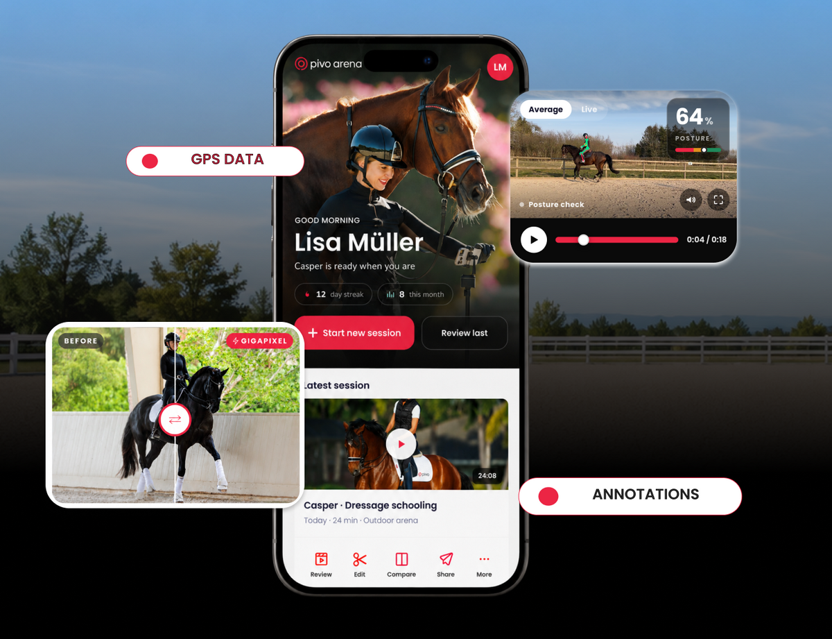 Écran d'accueil de Pivo Arena montrant une séance de travail de dressage avec contrôle de la posture, données GPS et cartes d'annotation