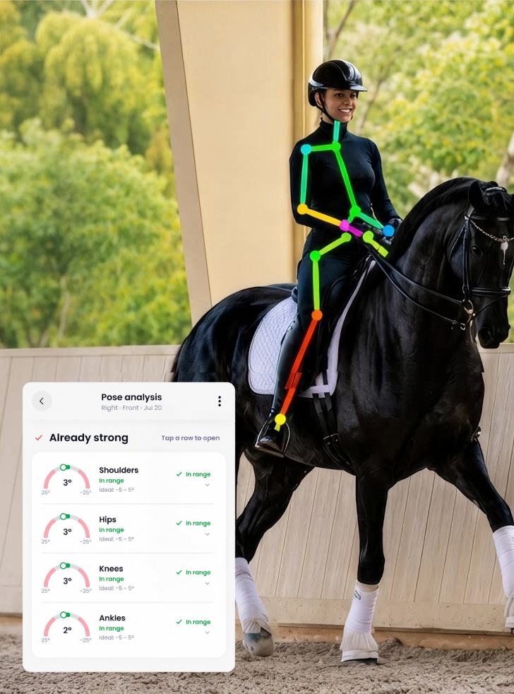 Superposition d'analyse de posture sur un cavalier de dressage, avec les épaules, les hanches, les genoux et les chevilles tous mesurés dans la plage