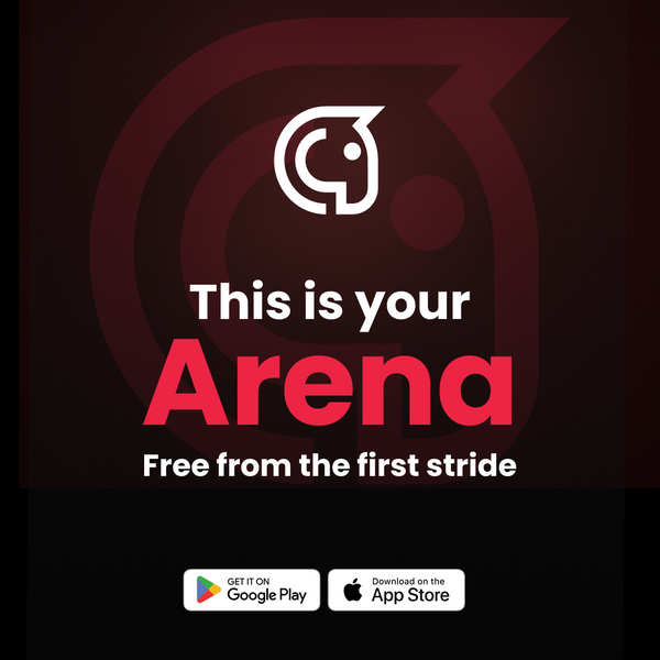 Publicité de l'application Pivo Arena avec le texte « Voici votre Pivo Arena, gratuite dès la première foulée » et les badges App Store et Google Play